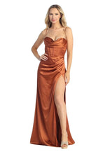 LF 7854 - Stretch Satin Fit & Flare Prom Gown with Boned Cowl Neck Bodice Open Corset Back & Leg Slit PROM GOWN Let's Fashion XS COPPER 