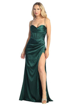 LF 7854 - Stretch Satin Fit & Flare Prom Gown with Boned Cowl Neck Bodice Open Corset Back & Leg Slit PROM GOWN Let's Fashion XS GREEN 
