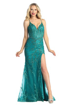 LF 7857 - Embellished Fit & Flare Prom Gown with Sheer Boned Bodice Strappy Back & Leg Slit PROM GOWN Let's Fashion XS EMERALD 