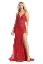 LF 7857 - Embellished Fit & Flare Prom Gown with Sheer Boned Bodice Strappy Back & Leg Slit PROM GOWN Let's Fashion XS RED 