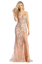 LF 7857 - Embellished Fit & Flare Prom Gown with Sheer Boned Bodice Strappy Back & Leg Slit PROM GOWN Let's Fashion XS ROSE GOLD 