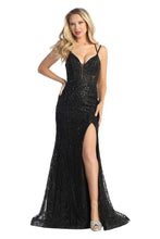 LF 7747 - Glitter Print Fit & Flare Prom Gown with Boned Sheer Bodice & Leg Slit PROM GOWN Let's Fashion XS BLACK 