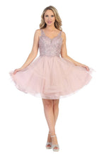 LF 6220 - Glittery Homecoming Dress with V-Neck Lace Applique  & Layered Tulle Skirt Homecoming Let's Fashion   