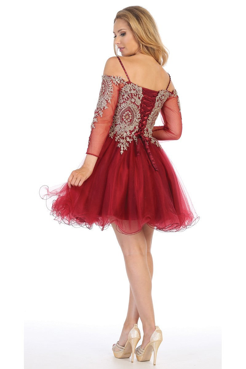 LF 6239 - 3/4 Sleeve Off the Shoulder Homecoming Dress with Embroidered Bodice & Corset Back LF 6239 - 3/4 Sleeve Off the Shoulder Homecoming Dress with Embroidered Bodice & Corset Back