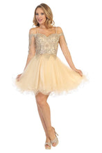 LF 6239 - 3/4 Sleeve Off the Shoulder Homecoming Dress with Embroidered Bodice & Corset Back Homecoming Let's Fashion XS Champagne 