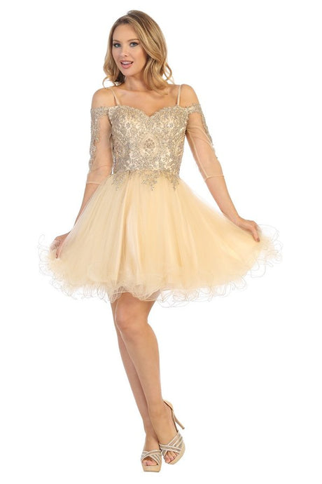 LF 6239 - 3/4 Sleeve Off the Shoulder Homecoming Dress with Embroidered Bodice & Corset Back Homecoming Let's Fashion XS Champagne 