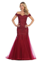 LF 7290 - Off The Shoulder Fit & Flare Prom Gown with Beaded Applique PROM GOWN Let's Fashion XS BURGUNDY 