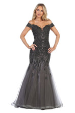 LF 7290 - Off The Shoulder Fit & Flare Prom Gown with Beaded Applique PROM GOWN Let's Fashion XS CHARCOAL 