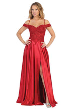 LF 7557 - Off the Shoulder A-Line Prom Gown with Beaded Bodice & Leg Slit PROM GOWN Let's Fashion XS DEEP RED 