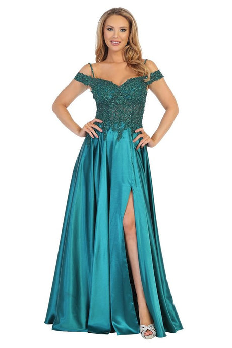 LF 7557 - Off the Shoulder A-Line Prom Gown with Beaded Bodice & Leg Slit PROM GOWN Let's Fashion S GREEN 