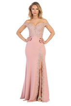 LF 7560 - Off the Shoulder Fit & Flare Prom Gown with Embroidered Sweetheart Neck Bodice & Embroidered Leg Slit Prom Dress Let's Fashion XS ROSE 