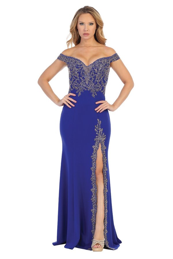 LF 7560 - Off the Shoulder Fit & Flare Prom Gown with Embroidered Sweetheart Neck Bodice & Embroidered Leg Slit Prom Dress Let's Fashion XS ROYAL BLUE 