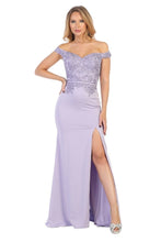 LF 7565 - Off the Shoulder Fit & Flare Prom Gown with Lace Applique Bodice Leg Slit & Sheer Lace Inset Train Prom Dress Let's Fashion XS Lavender 