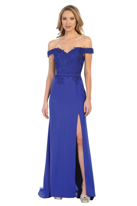 LF 7565 - Off the Shoulder Fit & Flare Prom Gown with Lace Applique Bodice Leg Slit & Sheer Lace Inset Train Prom Dress Let's Fashion XS Royal Blue 