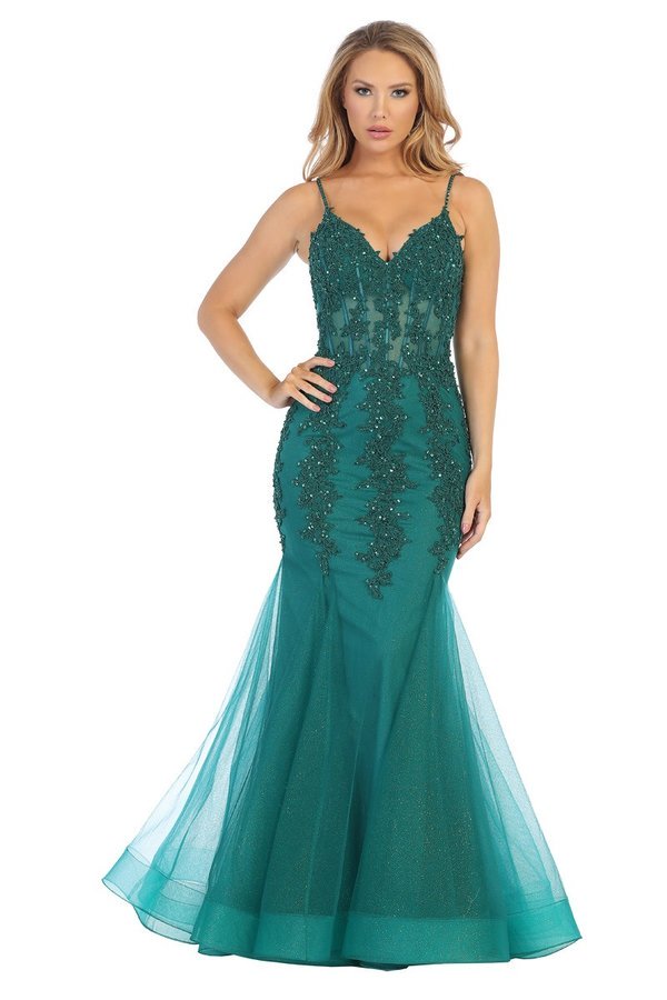 LF 7575 - Beaded Lace Embellished Fit & Flare Prom Gown with Sheer Corset Bodice & Tulle Skirt LF 7575 - Beaded Lace Embellished Fit & Flare Prom Gown with Sheer Corset Bodice & Tulle Skirt