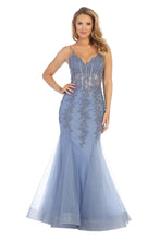 LF 7575 - Beaded Lace Embellished Fit & Flare Prom Gown with Sheer Corset Bodice & Tulle Skirt PROM GOWN Let's Fashion L SLATE BLUE 