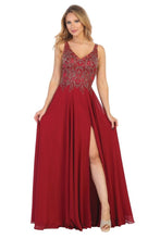 LF 7580 - Flowy Chiffon A-Line Prom Gown with Applique Bodice Sheer Open Back & Leg Slit PROM GOWN Let's Fashion XS Burgundy 