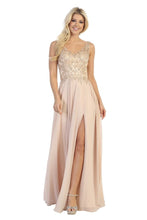 LF 7580 - Flowy Chiffon A-Line Prom Gown with Applique Bodice Sheer Open Back & Leg Slit Prom Dress Let's Fashion XS Champagne 