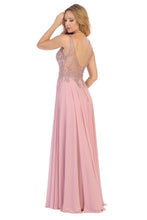LF 7580 - Flowy Chiffon A-Line Prom Gown with Applique Bodice Sheer Open Back & Leg Slit PROM GOWN Let's Fashion   