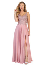 LF 7580 - Flowy Chiffon A-Line Prom Gown with Applique Bodice Sheer Open Back & Leg Slit PROM GOWN Let's Fashion S Dusty Rose 