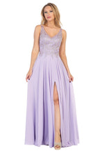 LF 7580 - Flowy Chiffon A-Line Prom Gown with Applique Bodice Sheer Open Back & Leg Slit PROM GOWN Let's Fashion XS Lavender 