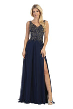 LF 7580 - Flowy Chiffon A-Line Prom Gown with Applique Bodice Sheer Open Back & Leg Slit PROM GOWN Let's Fashion XS Navy 