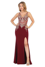 LF 7590 - Stretch Fabric Fit & Flare Prom Gown with Sheer Gold Applique Bodice & High Leg Slit Prom Dress Let's Fashion XS Burgundy/Gold 