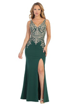 LF 7590 - Stretch Fabric Fit & Flare Prom Gown with Sheer Gold Applique Bodice & High Leg Slit Prom Dress Let's Fashion S Green/Gold 
