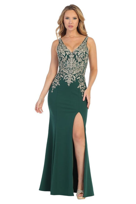 LF 7590 - Stretch Fabric Fit & Flare Prom Gown with Sheer Gold Applique Bodice & High Leg Slit PROM GOWN Let's Fashion S GREEN 