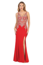 LF 7590 - Stretch Fabric Fit & Flare Prom Gown with Sheer Gold Applique Bodice & High Leg Slit Prom Dress Let's Fashion S Red/Gold 