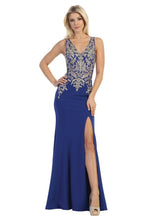 LF 7590 - Stretch Fabric Fit & Flare Prom Gown with Sheer Gold Applique Bodice & High Leg Slit Prom Dress Let's Fashion S Royal Blue/Gold 