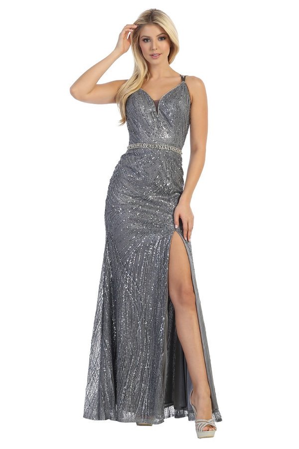 LF 7633 Glitter Patterned Fit Flare Prom Gown with Leg Slit