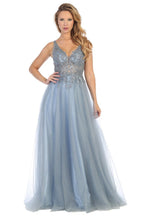 LF 7638L - A-line Prom Gown with Sheer Beaded Applique Bodice & Layered Tulle Skirt Prom Dress Let's Fashion XS Slate Blue 