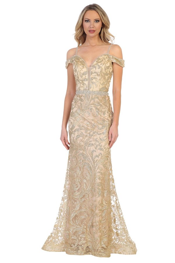 LF 7639 - Glitter Patterned Off the Shoulders Fit & flare Prom Gown with Illusion V-Neck Rhinestone Belt & Straps Prom Dress Let's Fashion XS CHAMPAGNE 