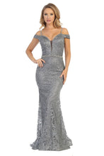 LF 7639 - Glitter Patterned Off the Shoulders Fit & flare Prom Gown with Illusion V-Neck Rhinestone Belt & Straps Prom Dress Let's Fashion XS CHARCOAL 