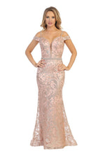 LF 7639 - Glitter Patterned Off the Shoulders Fit & flare Prom Gown with Illusion V-Neck Rhinestone Belt & Straps Prom Dress Let's Fashion XS ROSE GOLD 