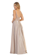 LF 7659 -Metallic A-Line Prom Gown with Beaded Embroidered Bodice & Open Back Prom Dress Let's Fashion   