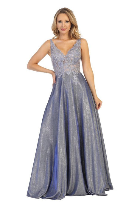 LF 7659 -Metallic A-Line Prom Gown with Beaded Lace Embroidered Bodice & Open Back PROM GOWN Let's Fashion XS ROYAL BLUE 