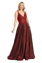LF 7708 - Metallic A-Line Prom Gown with Lace Embellished Sheer Boned Bodice & Pockets PROM GOWN Let's Fashion XS BURGUNDY 