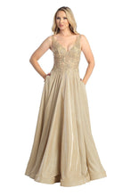 LF 7708 - Metallic A-Line Prom Gown with Lace Embellished Sheer Boned Bodice & Pockets PROM GOWN Let's Fashion XS CHAMPAGNE 