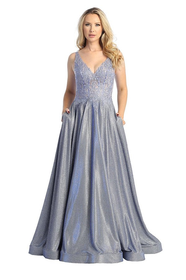 LF 7708 - Metallic A-Line Prom Gown with Lace Embellished Sheer Boned Diggz Formals LF 7708 - Metallic A-Line Prom Gown with Lace Embellished Sheer Boned Diggz Formals