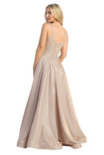 LF 7708 - Metallic A-Line Prom Gown with Lace Embellished Sheer Boned Bodice & Pockets PROM GOWN Let's Fashion   