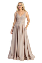 LF 7708 - Metallic A-Line Prom Gown with Lace Embellished Sheer Boned Bodice & Pockets PROM GOWN Let's Fashion XS ROSE 