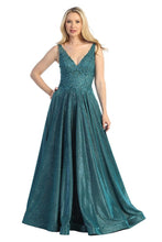 LF 7708 - Metallic A-Line Prom Gown with Lace Embellished Sheer Boned Bodice & Pockets PROM GOWN Let's Fashion XS TEAL 