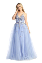 LF 7718 - Shimmer Tulle A-Line Prom Gown with 3D Floral Applique V-Neck Bodice & Open Lace Up Corset Back PROM GOWN Let's Fashion XS PERRY BLUE 