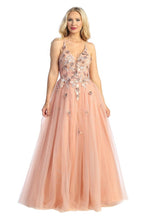 LF 7718 - Shimmer Tulle A-Line Prom Gown with 3D Floral Applique V-Neck Bodice & Open Lace Up Corset Back PROM GOWN Let's Fashion XS ROSE 