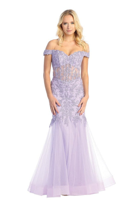 LF 7725 - Off The Shoulder Fit & Flare Prom Gown with Sheer Boned Lace Applique Bodice & Shimmer Tulle Skirt PROM GOWN Let's Fashion XS LAVENDER 