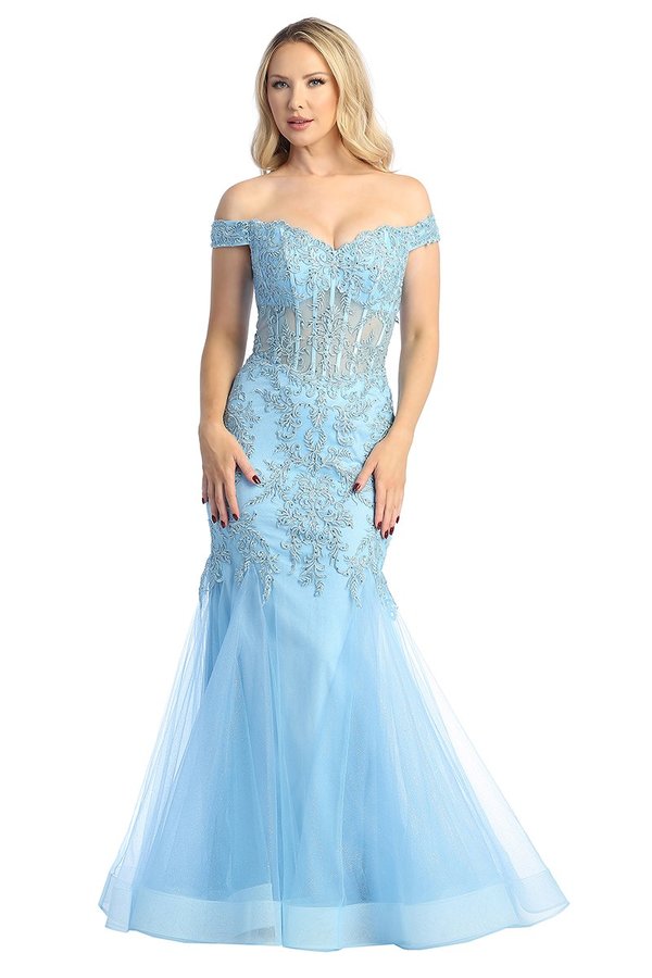 LF 7725 - Off The Shoulder Fit & Flare Prom Gown with Sheer Boned Lace Applique Bodice & Shimmer Tulle Skirt PROM GOWN Let's Fashion XS SKY BLUE 