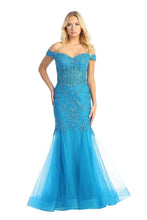 LF 7725 - Off The Shoulder Fit & Flare Prom Gown with Sheer Boned Lace Applique Bodice & Shimmer Tulle Skirt PROM GOWN Let's Fashion XS TEAL 