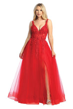 LF 7728 - Layered Tulle A-Line Prom Gown with 3D floral Embellished Sheer Boned Bodice & Leg Slit PROM GOWN Let's Fashion XS RED 